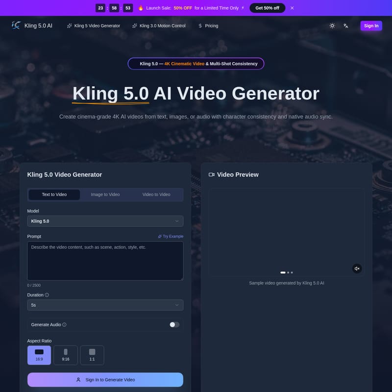 View Kling 5.0 - Kling 5.0 AI: 4K Cinematic Video Generator with Character Consistency and Native Audio Sync Kling 5.0 - AI Tool Screenshot and Interface Preview