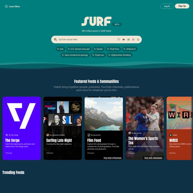 View Surf Social Websites - BETA:2億6,400万以上のフィードから6億8,300万の投稿を網羅する次世代コンテンツプラットフォーム Surf Social Websites - AI Tool Screenshot and Interface Preview