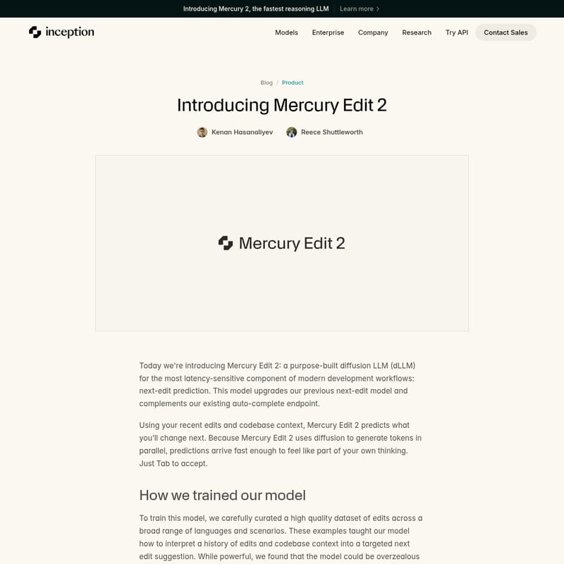 View Mercury Edit 2 - Mercury Edit 2: 실시간 코드 수정을 위한 초고속 확산 기반 LLM Mercury Edit 2 - AI Tool Screenshot and Interface Preview