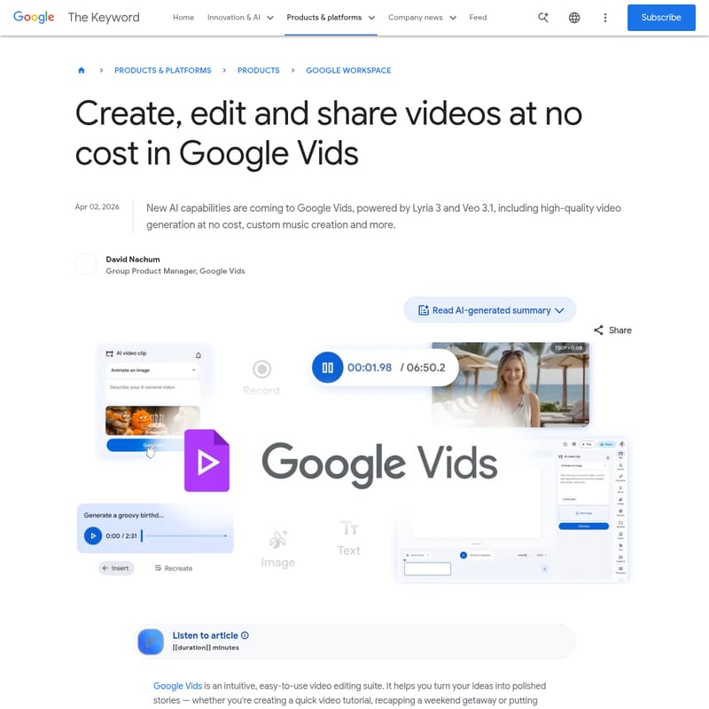 View Google Vids 2.0 - Google Vids - AI搭載の直感的なビデオ制作・編集スイート Google Vids 2.0 - AI Tool Screenshot and Interface Preview