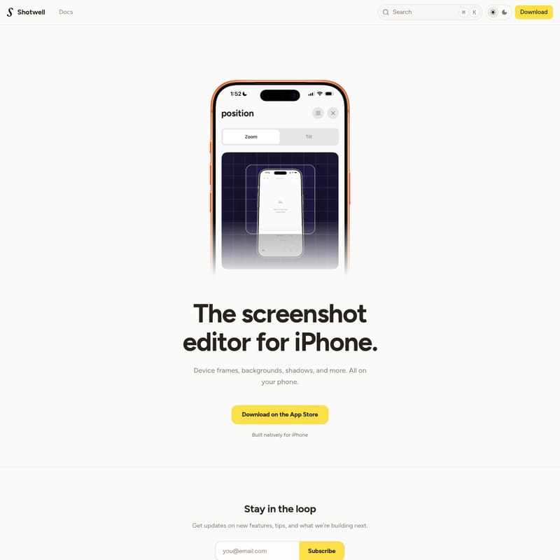View Shotwell - 아이폰 전용 고퀄리티 스크린샷 편집기 Shotwell: 기기 프레임 및 배경 커스텀 Shotwell - AI Tool Screenshot and Interface Preview