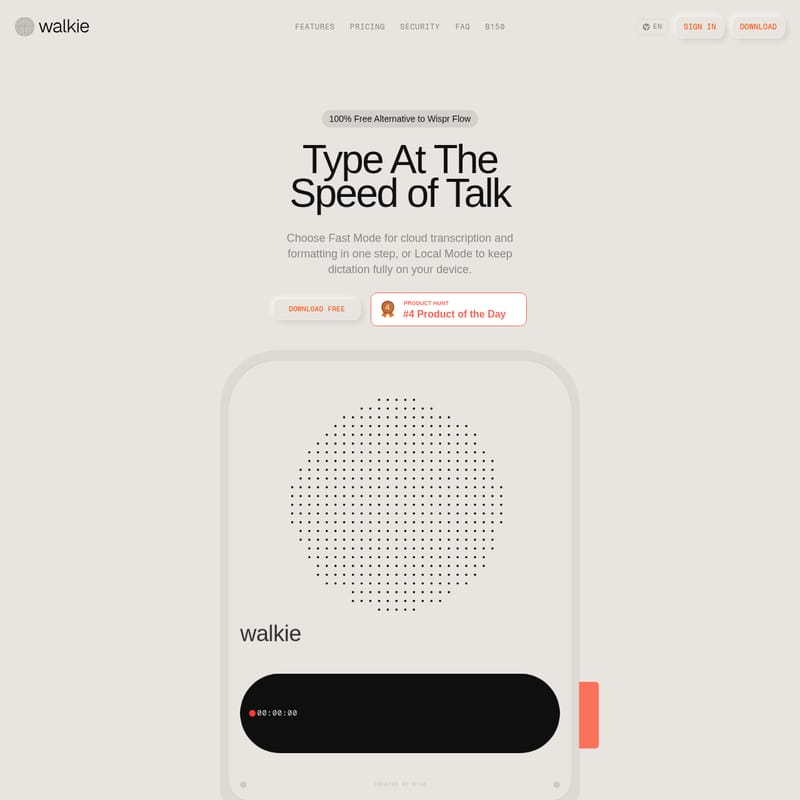View Walkie - Walkie: De Snelste AI-Spraak-naar-Tekst Tool voor Mac en Windows Walkie - AI Tool Screenshot and Interface Preview