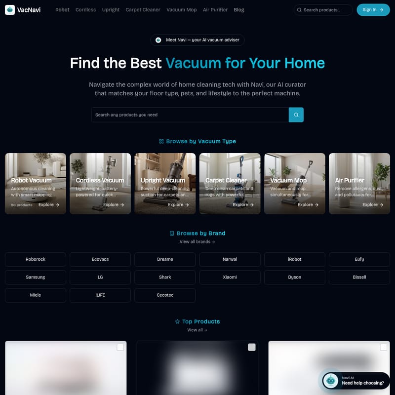 View VacNavi - VacNavi: The Ultimate AI-Powered Vacuum Comparison Platform and Database for Home Cleaning Tech VacNavi - AI Tool Screenshot and Interface Preview
