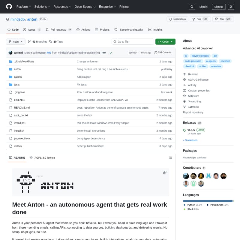 View MindsDB Anton - Anton: An Autonomous AI Agent by MindsDB for Seamless Workflow Automation and Data Analysis MindsDB Anton - AI Tool Screenshot and Interface Preview