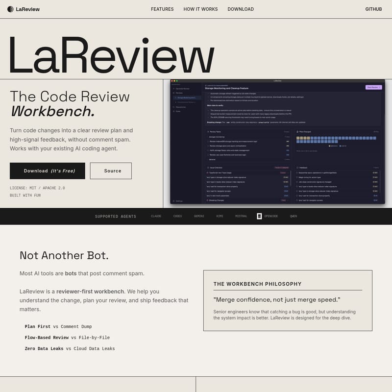 View LaReview - LaReview:专为开发者打造的开源 AI 代码评审工作台 (Workbench) LaReview - AI Tool Screenshot and Interface Preview