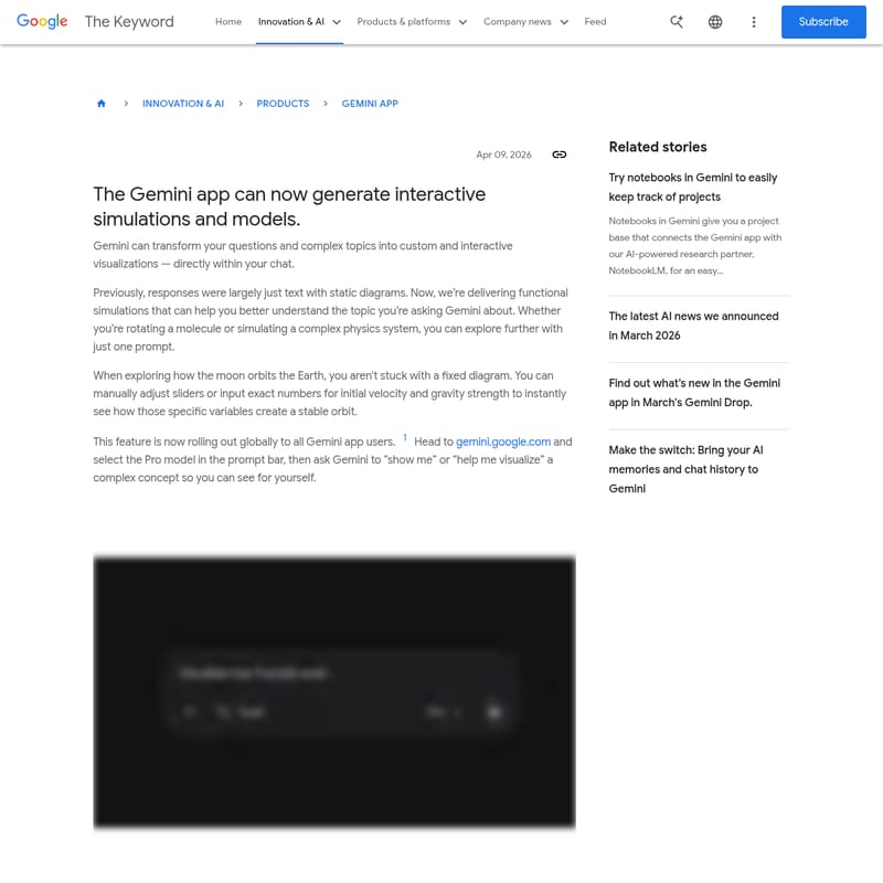 View Interactive Simulations in Gemini - Gemini App Interactive Simulations: Transform Complex Topics into Dynamic Visual Models Interactive Simulations in Gemini - AI Tool Screenshot and Interface Preview
