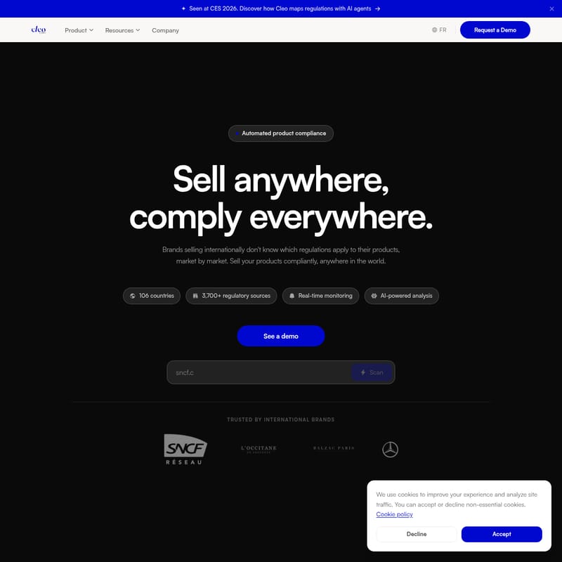 View Cleo Labs - Cleo: 106개국 글로벌 규제 대응을 위한 AI 기반 자동화 제품 컴플라이언스 플랫폼 Cleo Labs - AI Tool Screenshot and Interface Preview