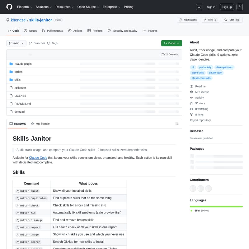 View Skills Janitor - Skills Janitor: Инструмент для аудита, отслеживания использования и сравнения навыков Claude Code Skills Janitor - AI Tool Screenshot and Interface Preview
