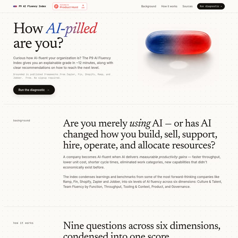 View How AI-pilled are you? - P9 AI Fluency Index: Das kostenlose Diagnose-Tool zur Messung der KI-Kompetenz in Ihrem Unternehmen How AI-pilled are you? - AI Tool Screenshot and Interface Preview