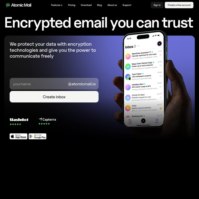 View Atomic Mail - Atomic Mail: Sicherer, verschlüsselter E-Mail-Service für maximale Privatsphäre und Datenschutz mit modernster KI-Unterstützung. Atomic Mail - AI Tool Screenshot and Interface Preview