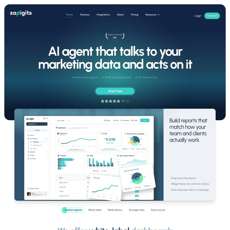 View Zappy by ZapDigits - ZapDigits : L'Agent IA et Solution de Tableaux de Bord en Marque Blanche pour Agences Marketing Zappy by ZapDigits - AI Tool Screenshot and Interface Preview