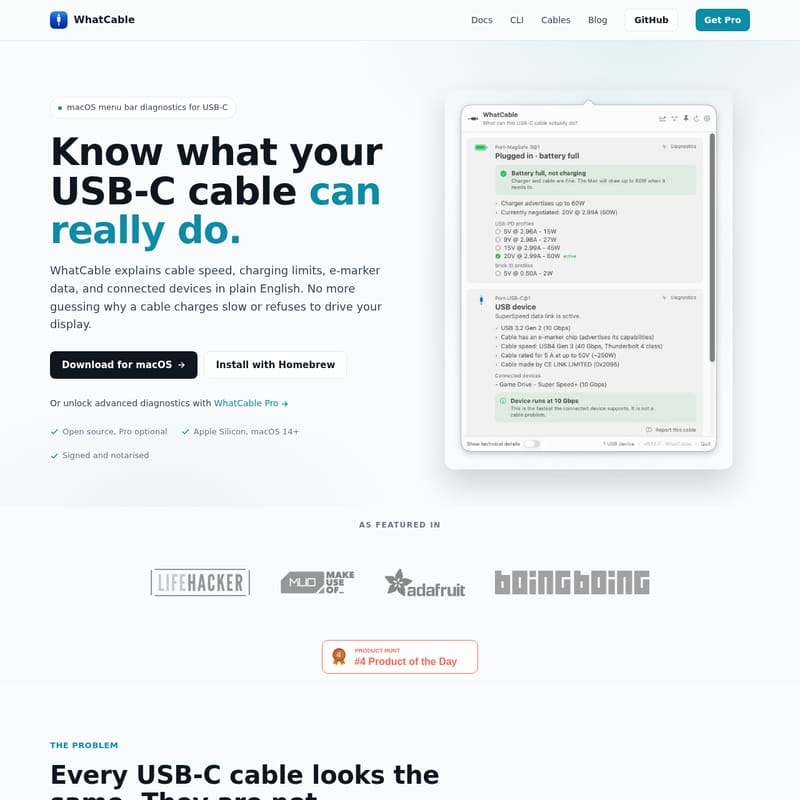 View WhatCable - WhatCable: La herramienta definitiva de diagnóstico para cables USB-C en macOS WhatCable - AI Tool Screenshot and Interface Preview