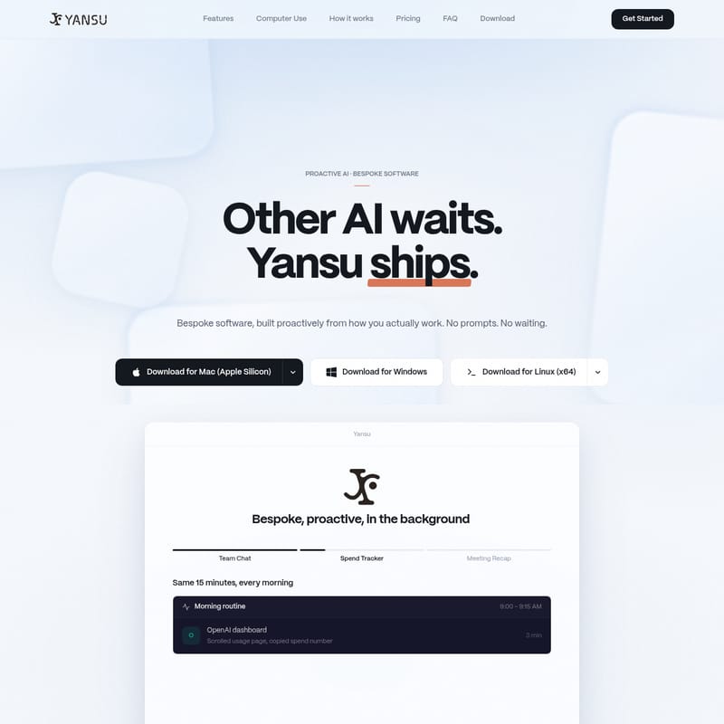 View Yansu - Yansu:主动式 AI 定制软件开发工具,无需提示词即可自动构建专属应用 Yansu - AI Tool Screenshot and Interface Preview