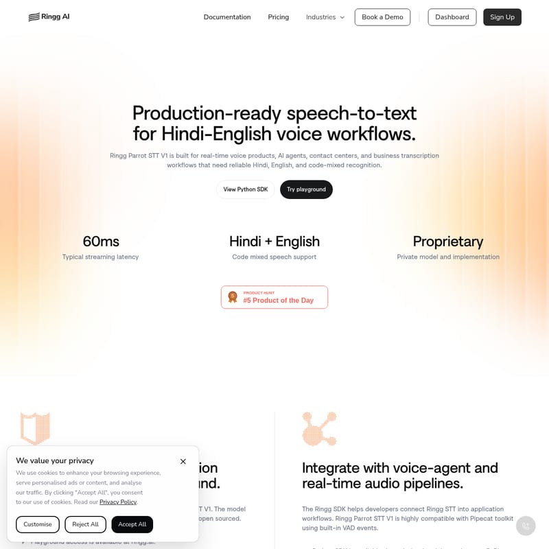 View Parrot Speech-to-text API - Ringg Parrot STT V1: High-Performance Hindi-English Speech-to-Text for Real-Time AI Voice Workflows Parrot Speech-to-text API - AI Tool Screenshot and Interface Preview