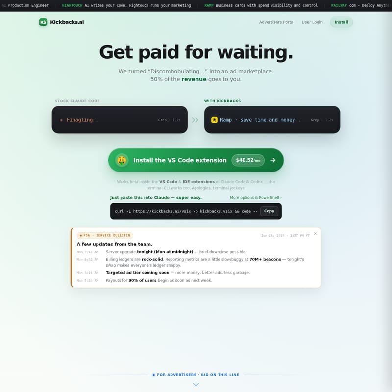 View Kickbacks.ai - KICKBACKS:開発の待機時間を収益に変えるエンジニア向け広告マーケットプレイス Kickbacks.ai - AI Tool Screenshot and Interface Preview