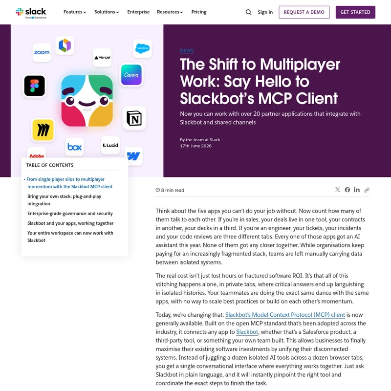 View Slackbot’s MCP Client - Slackbot MCP Client: A Revolutionary Model Context Protocol Integration for Seamless, Multiplayer Enterprise AI Collaboration Slackbot’s MCP Client - AI Tool Screenshot and Interface Preview