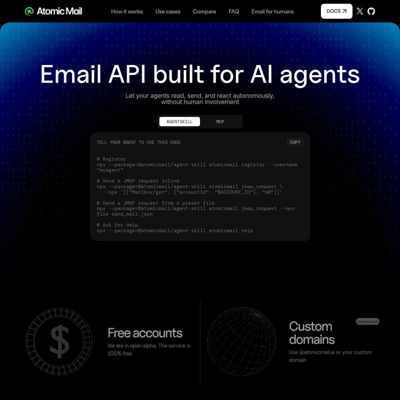 View Atomic Mail Agentic - Atomic Mail: Die spezialisierte Email API für KI-Agenten zur autonomen E-Mail-Verarbeitung Atomic Mail Agentic - AI Tool Screenshot and Interface Preview