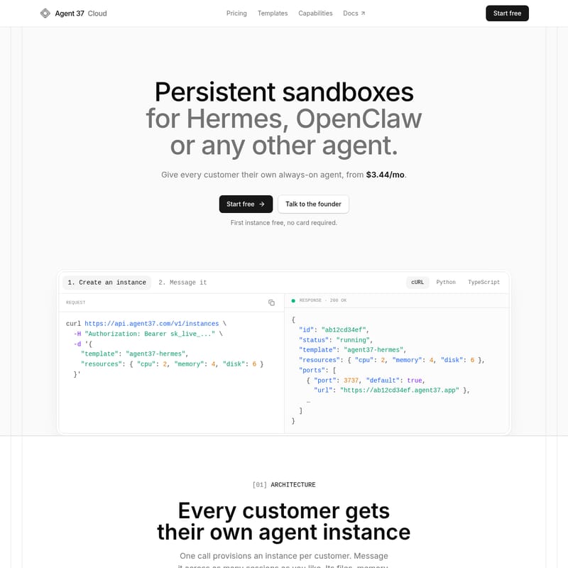 View Agent 37 Cloud - Agent 37: Sandboxes persistentes para agentes de IA con infraestructura escalable y siempre activa por cliente. Agent 37 Cloud - AI Tool Screenshot and Interface Preview