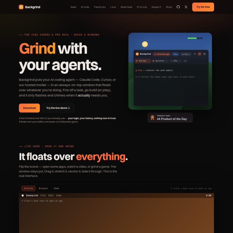 View Backgrind - Backgrind: La ventana flotante definitiva para potenciar tus agentes de programación con IA Backgrind - AI Tool Screenshot and Interface Preview