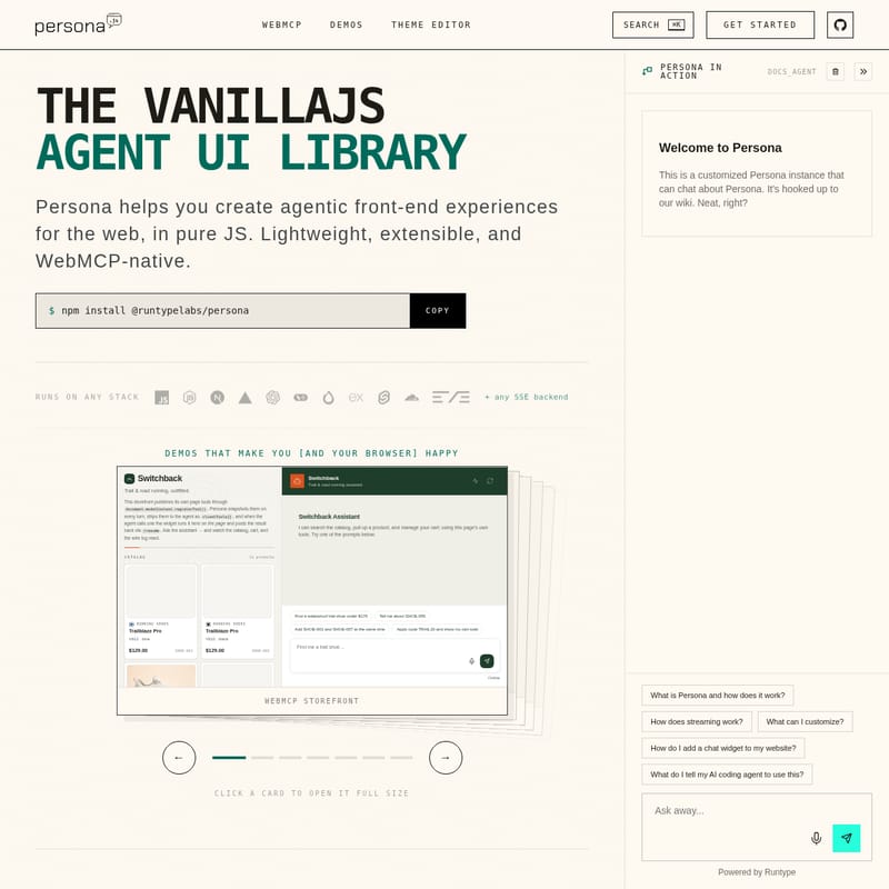 View Persona.js - Persona: A Lightweight VanillaJS Agent UI Library for Seamless WebMCP-Native Agentic Experiences and AI Integration. Persona.js - AI Tool Screenshot and Interface Preview