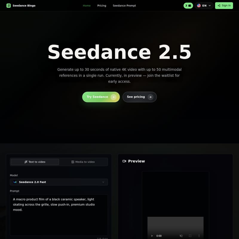 View Seedance 2.5 - 시던스 2.5(Seedance 2.5) 및 시던스 빙고(Seedance Bingo): 네이티브 4K AI 비디오 생성의 미래 Seedance 2.5 - AI Tool Screenshot and Interface Preview