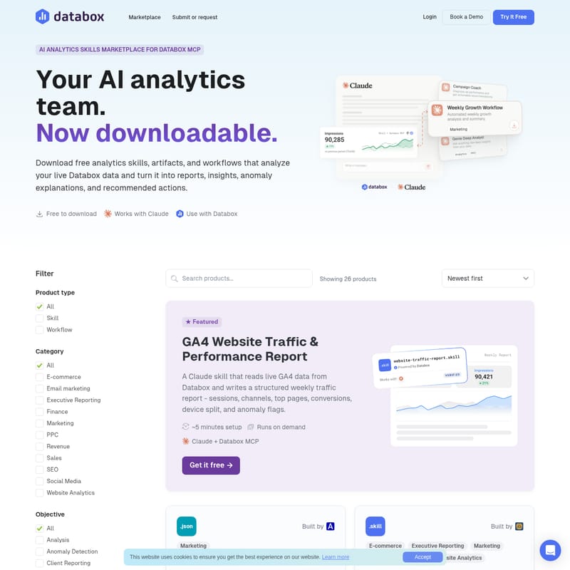 View Skills Marketplace by Databox - AI Analytics Skills Marketplace für Databox MCP: Automatisierte KI-Berichte Skills Marketplace by Databox - AI Tool Screenshot and Interface Preview