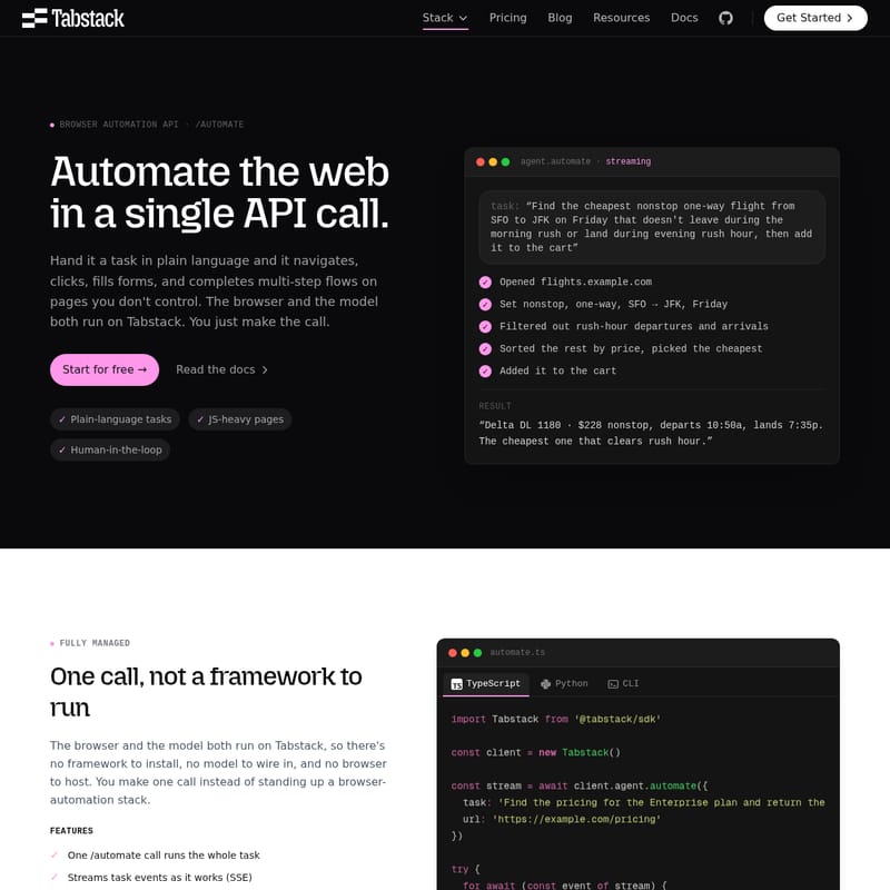 View Tabstack Browser Automation - Tabstack /automate – Inteligentne API do Kompleksowej Automatyzacji Przeglądarki Tabstack Browser Automation - AI Tool Screenshot and Interface Preview