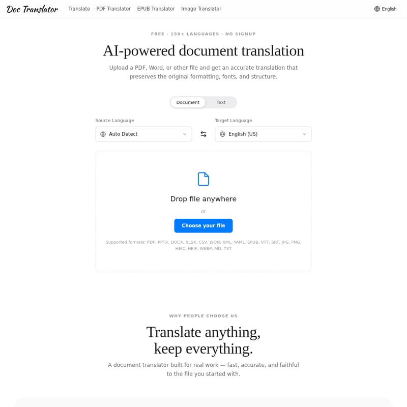 View Doc Translator - Traducteur de documents IA gratuit : Traduisez PDF, EPUB et Images en 150+ langues avec mise en forme. Doc Translator - AI Tool Screenshot and Interface Preview