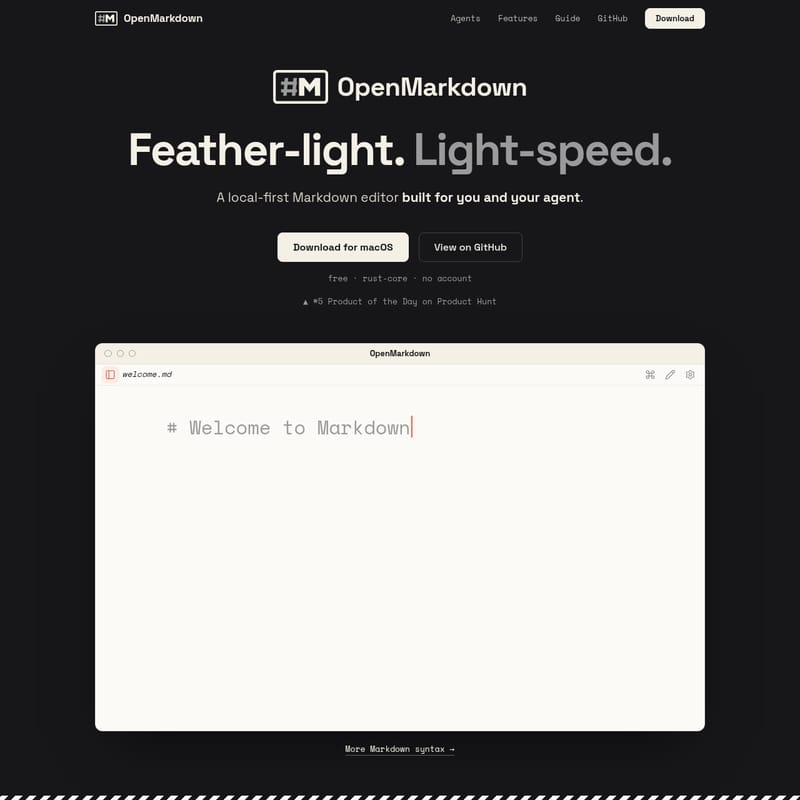 View OpenMarkdown - OpenMarkdown: A feather-light, agent-native, and local-first Markdown editor built with a high-performance native Rust core. OpenMarkdown - AI Tool Screenshot and Interface Preview