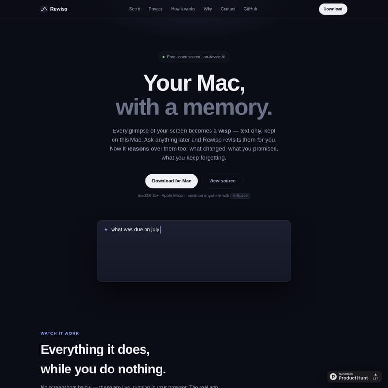 View Rewisp - Rewisp: The Private, Open-Source On-Device AI Memory for macOS 15 and Apple Silicon Rewisp - AI Tool Screenshot and Interface Preview