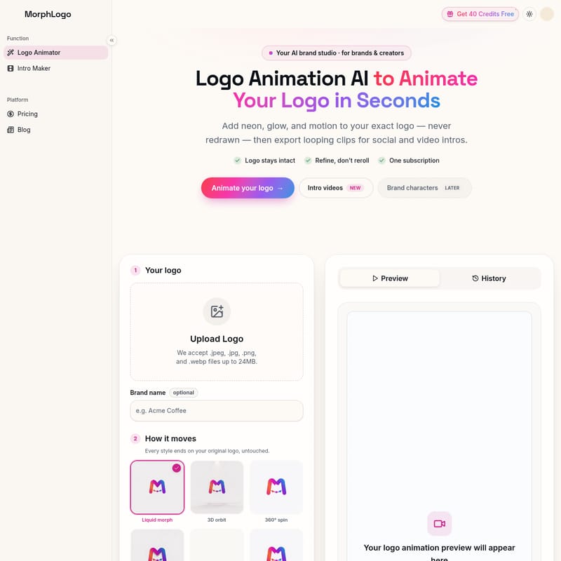 View MorphLogo - MorphLogo: A professional AI logo animation maker for brands to create cinematic video intros and social clips. MorphLogo - AI Tool Screenshot and Interface Preview