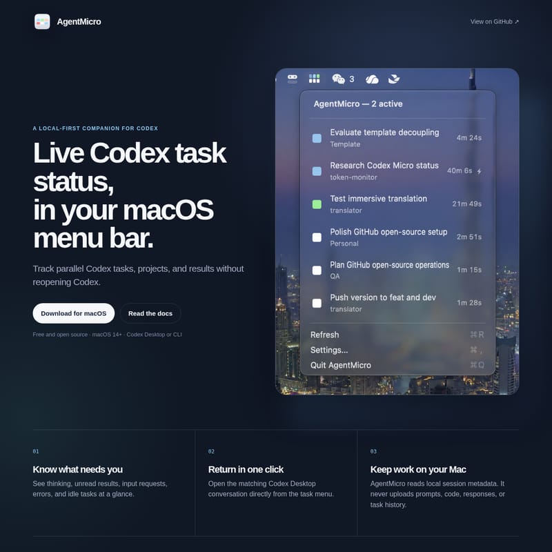 View AgentMicro - AgentMicro: Codex Task-Monitor für macOS AgentMicro - AI Tool Screenshot and Interface Preview