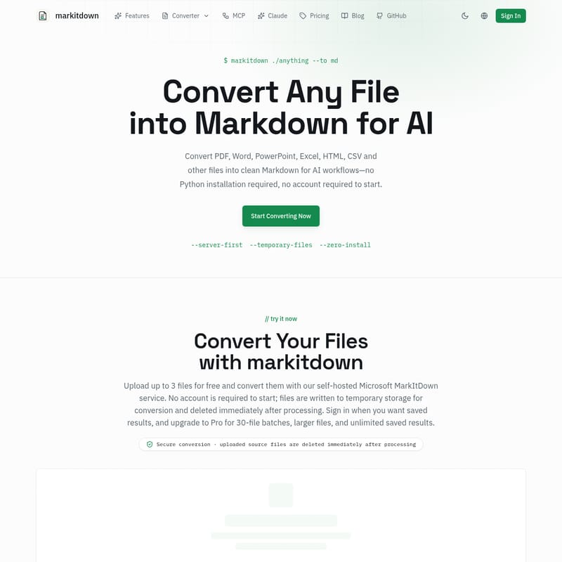 View markitdown - markitdown: Convertidor de archivos a Markdown markitdown - AI Tool Screenshot and Interface Preview